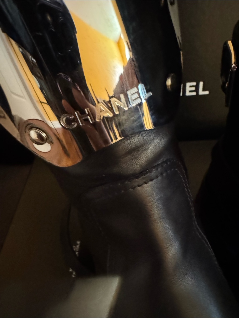 CHANEL Black Leather Knee-High Combat Boots with Silver Plate - Picture 10 of 16